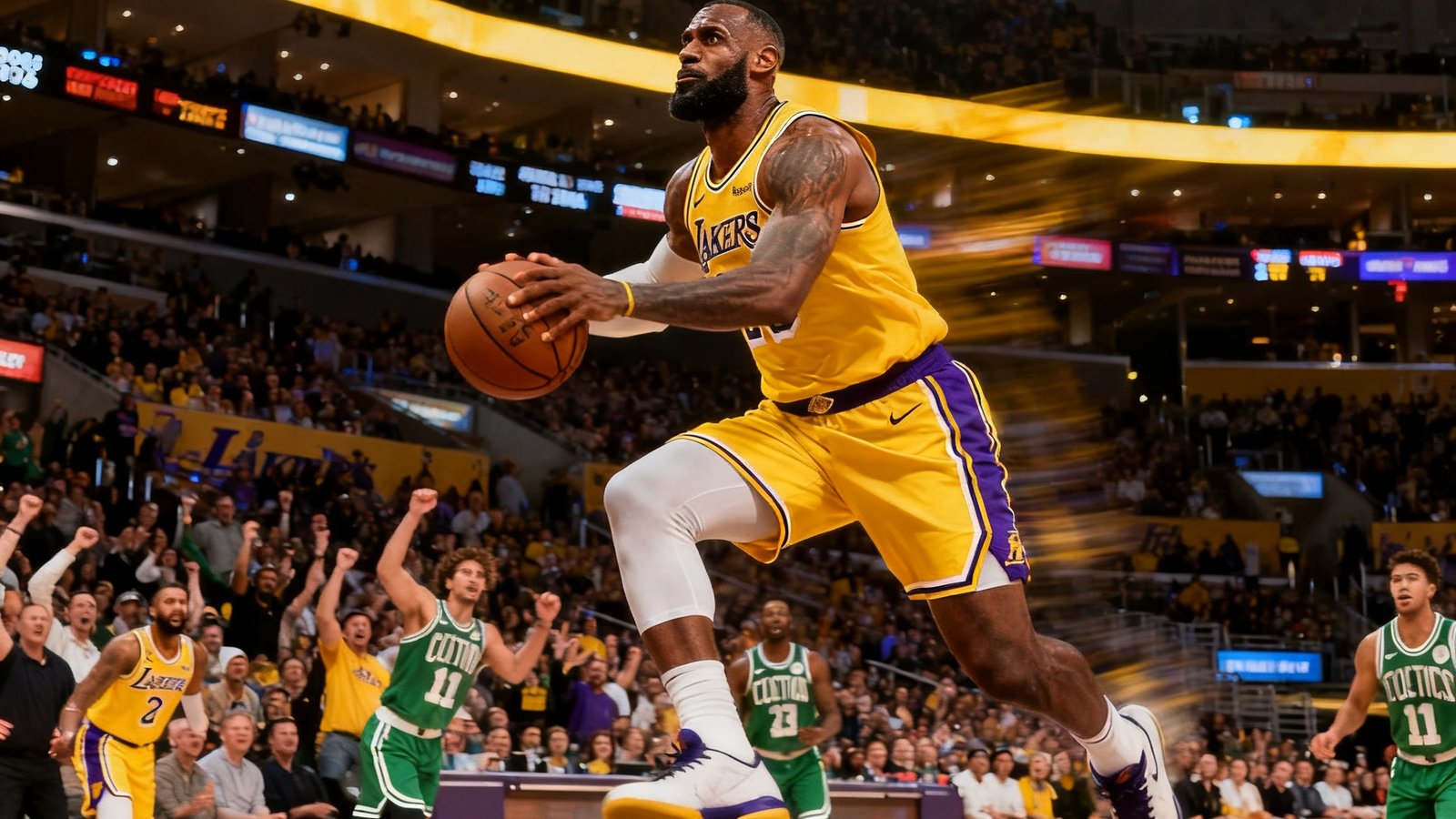 NBA常规赛湖人主场对阵凯尔特人，勒布朗·詹姆斯突破上篮瞬间，观众欢呼