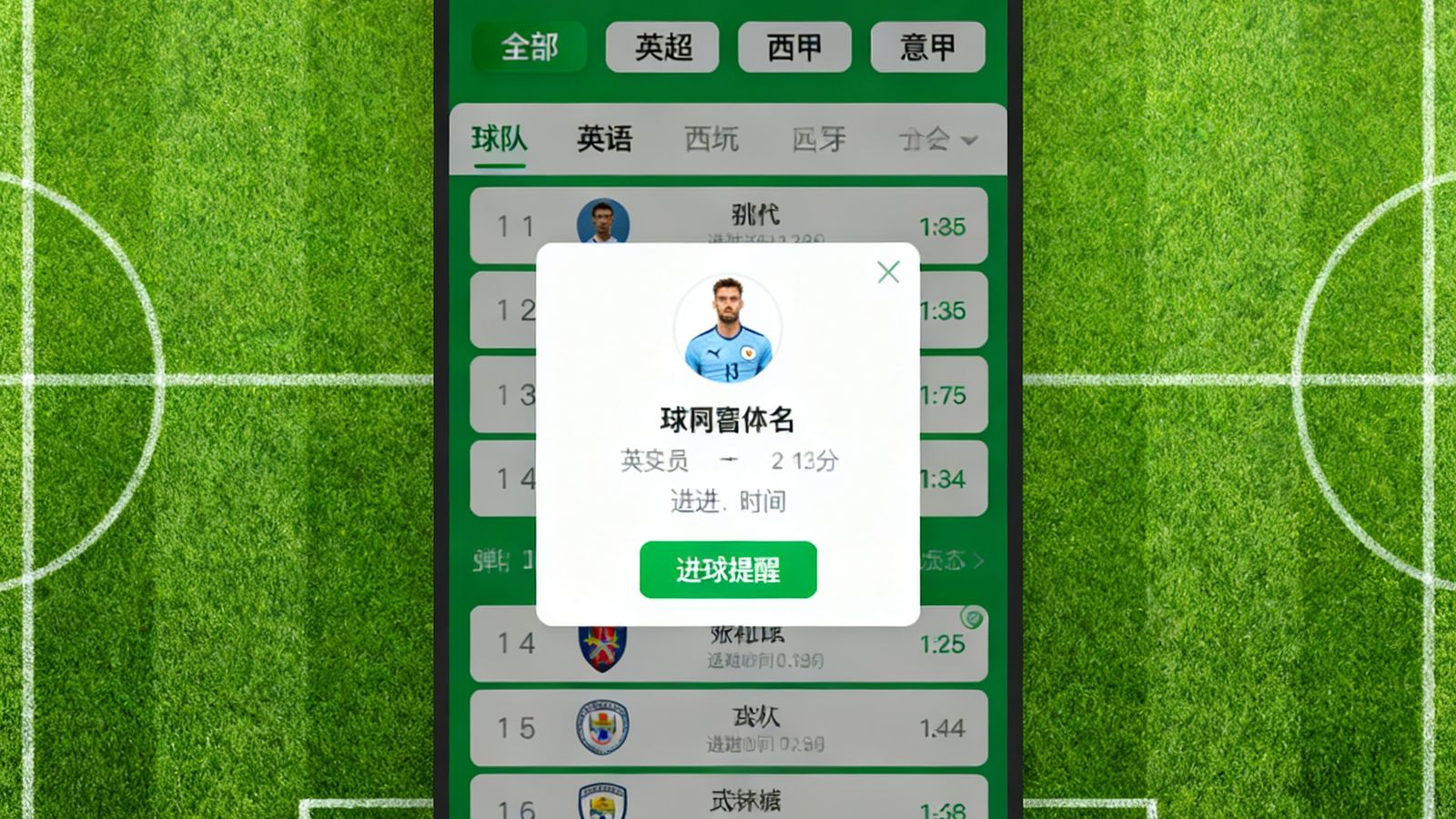 球吧网实时比分界面，带有进球弹窗提醒和球队筛选标签，背景为足球场